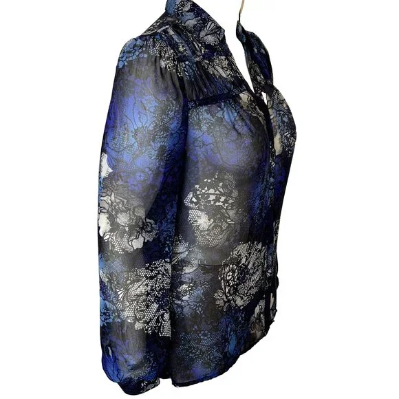 East 5th Blouse Button Up Womens L Semi Sheer Black Blue Abstract Long Sleeve - Picture 3 of 13